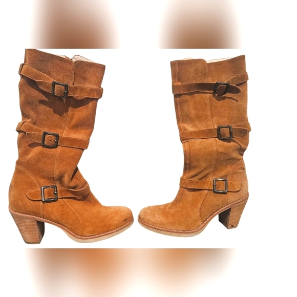 Via Spiga Shoes - VIA SPIGA Camel suede leather buckle detail knee high heeled boots. Size 7